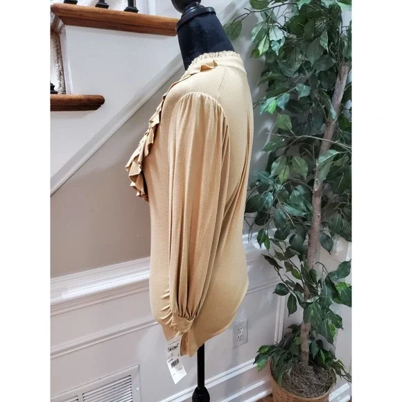 Ny Collection Woman's Khaki Rayon Long Sleeve Ruffle Pullover Top Shirt Size M - Picture 5 of 11